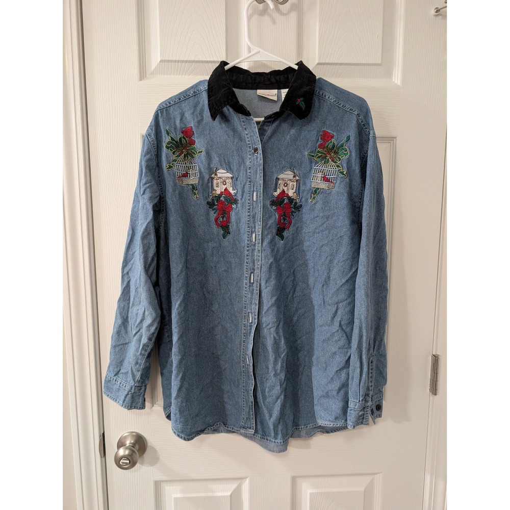 Vintage,‎ 90s XL, Denim Button Down, Velvet Collar, Holiday Embroidery, Cardinal